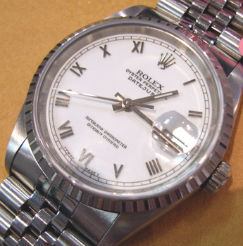 Steel Datejust model 16220 from 1997 with white dial and Jubilee bracelet, servi
