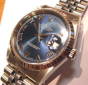 Approx 2001 gent's steel & precious white metal Datejust, BLUE dial, boxed with 
