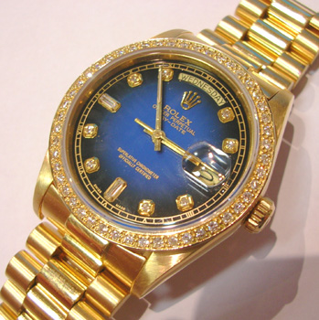 18ct Day-Date with custom-made blue / diamond dot dial and diamond bezel ( not b