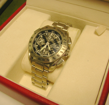 Gent's stainless steel <b>Omega Speedmaster automatic split chronograph with bla