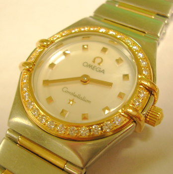 Lady's bicolour <b>Omega</b> Constellation quartz with diamond bezel and mother-
