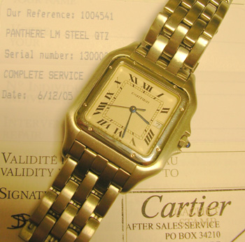 Gent's steel <b>Cartier</b> Panthere quartz bracelet watch, just had a £307 serv