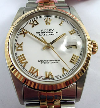 Bicolour Datejust model 16233 with striking white / roman numeral dial on a Jubi