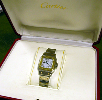 Lady's bicolour <b>Cartier</b> Santos Automatic, white dial, in original box. Th