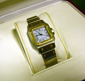 Lady's bicolour <b>Cartier</b> Santos Automatic, white dial, in original box. Th