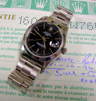 Steel Oyster Perpetual DATE model 15200 with black / baton dial and Oyster brace