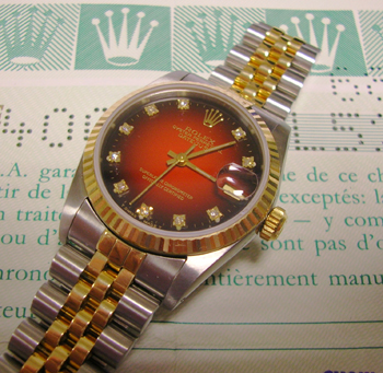 Midi bicolour Datejust with fantastic, original <b>graduated red / diamond dot d