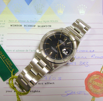 2003 Oyster Perpetual "Date" with black dial, boxes & papers, serviced Oct'06. <