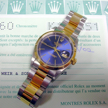 2002 bicolour Datejust model 16203 with striking BLUE dial, boxes & papers, with