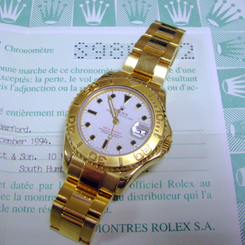 18ct mid-size Yachtmaster model 68628 with white dial, boxed with Yachtmaster ma