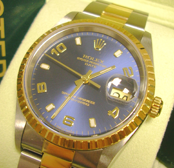 Bicolour Oyster Perpetual DATE model 15223 with blue dial & Oyster bracelet. Com