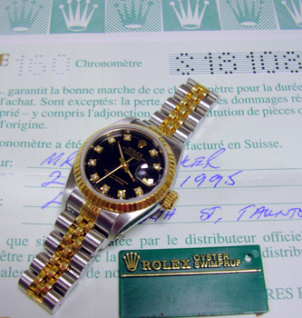 1995 bicolour Datejust with <b>black</b> / DIAMOND dial, complete with boxes, pa