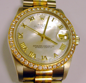 <b>THREE-COLOUR, all-18ct gold</b> mid-size Datejust with original <b>Mother-of-